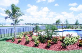 landscaped backyard with swimming pool overlooking the bay