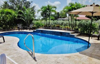 landscaped backyard with swimming pool and paver deck