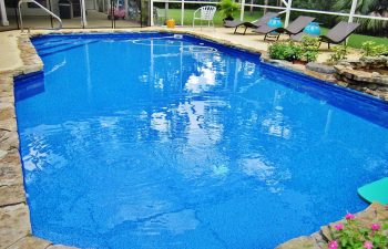swimming pool with vinyl liners and hardscapes on the edge