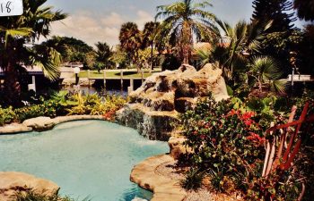 backyard swimming pool with a hardscape waterfall