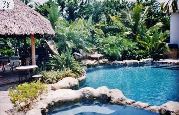 backyard swimming pool with a hardscape waterfall and a tiki hut on a pool patio