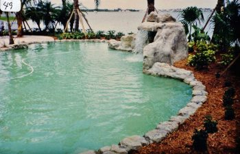 backyard in-ground swimming pool with a hardscape waterfall