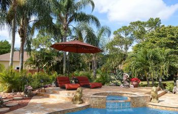 backyard pools with Travertine deck and patio