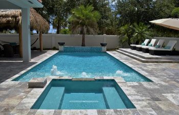 backyard swimming pool with built-in fountains and artistic pavers deck