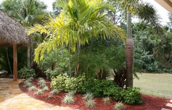 landscaped backyard with paver patio and Tiki hut