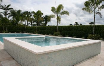 backyard swimming pool with light blue water color and paver deck