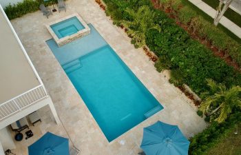 aerial view of swimming pool with jacuzzi in a landscaped backyard