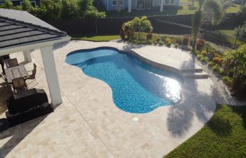 aerial view of a landscaped backyard with a swimming pool