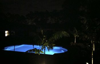 night view of a backyard swimming pool with blue light