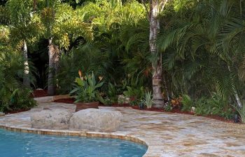 backyard swimming pool with Travertine deck